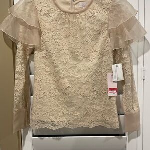 Rachel Parcell Beige Lace Ruffle Sleeve Top XXS